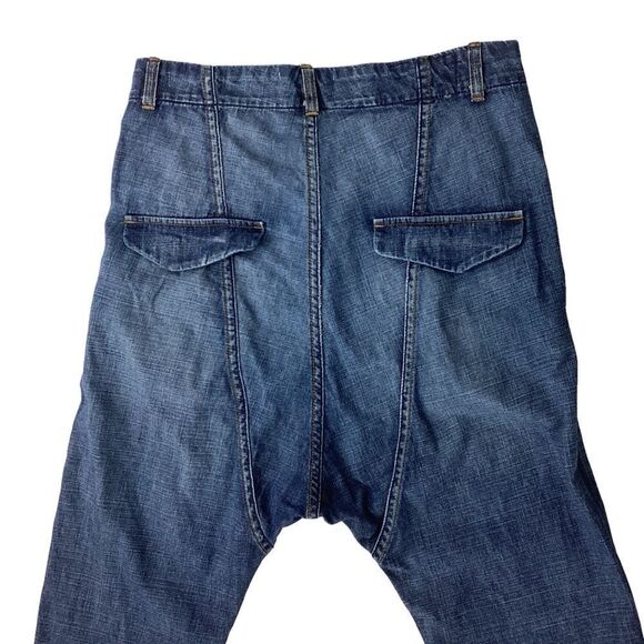 NILI LOTAN Size 25 Paris Crop Drop Crotch Jeans Tapered Leg Blue Denim Raw Edge - Picture 8 of 14